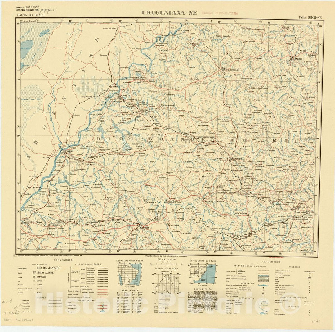 Map : Uruguaiana - NE, Brazil 1946, Carta do Brasil , Antique Vintage Reproduction