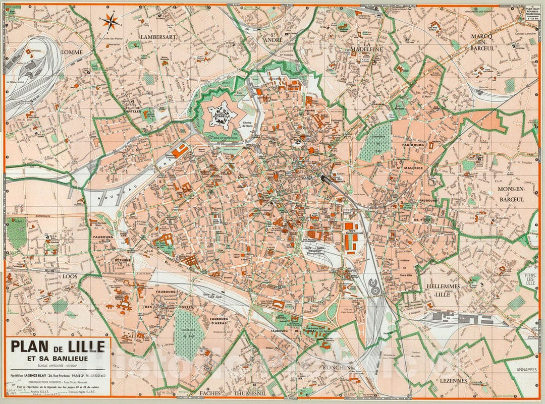 Map : Lille, France 1967 1, Plan de Lille et sa banlieue , Antique Vintage Reproduction