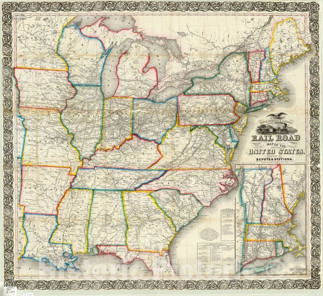 Map : United States 1859, Ensign, Bridgman & Fanning's railroad map of the United States : showing the depots & stations , Antique Vintage Reproduction