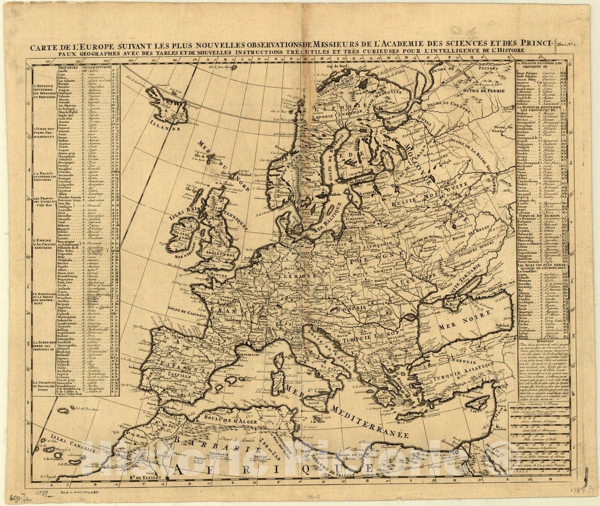 Map : Europe 1739, Carte de l'Europe suivant les plus nouvelles observations de Messieurs de l'Academie des sciences ..., Antique Vintage Reproduction