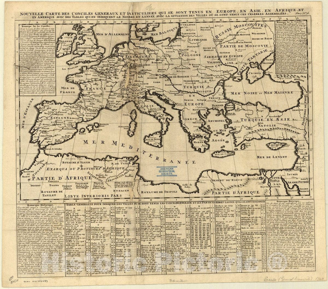 Historic Map : Europe 1720, Nouvelle carte des conciles generaux et Jarticuliers qui se sont tenus en Europe en Asie, en Afrique, et en Amerique ..., Antique Vintage Reproduction