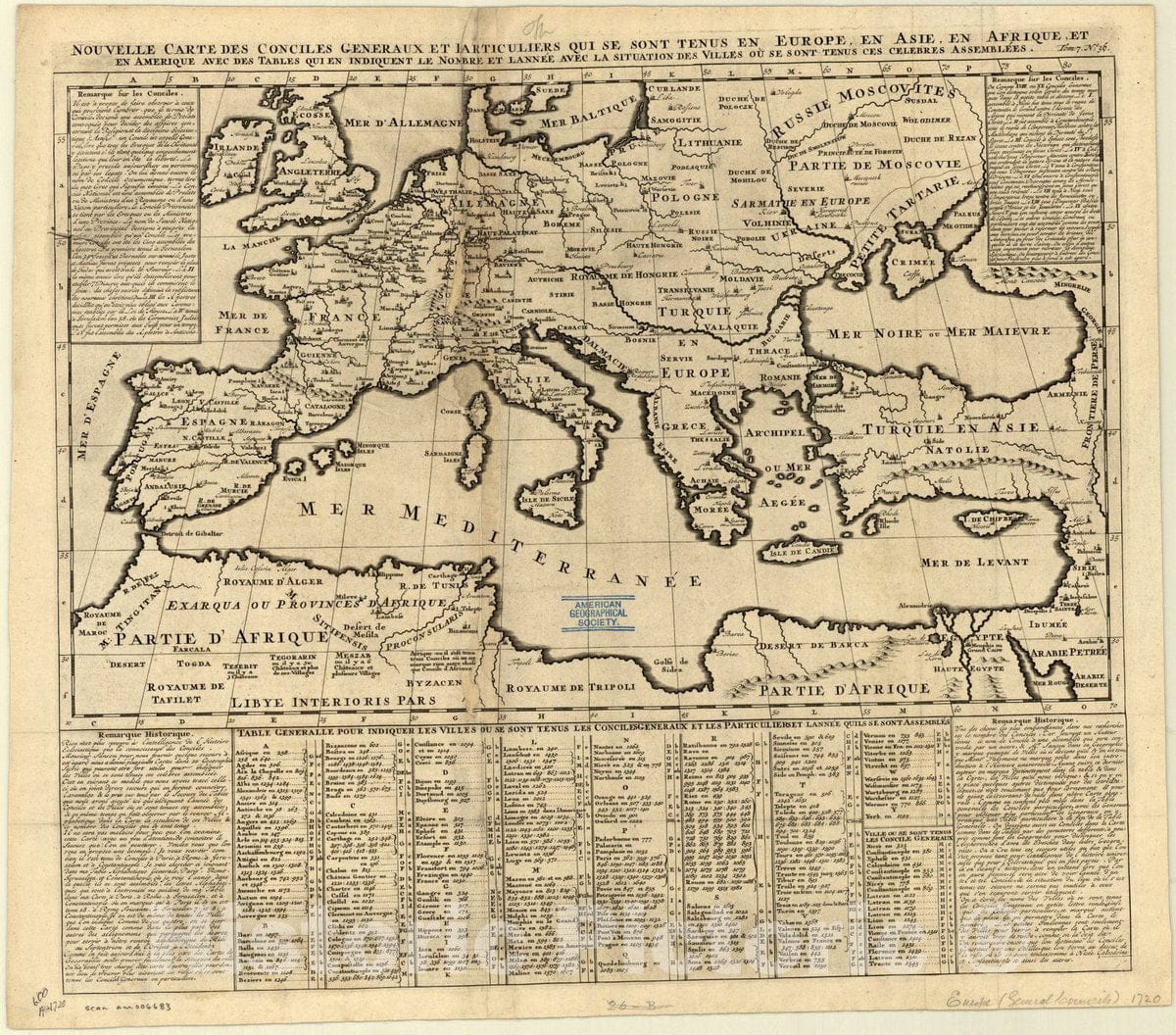 Historic Map : Europe 1720, Nouvelle carte des conciles generaux et Jarticuliers qui se sont tenus en Europe en Asie, en Afrique, et en Amerique ..., Antique Vintage Reproduction