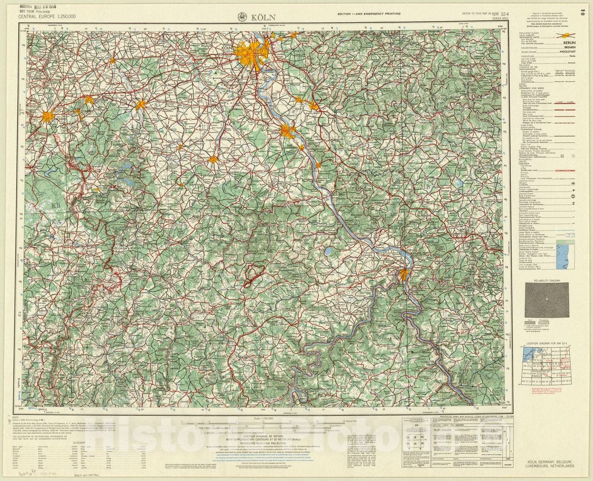 Map : Cologne, Germany 1956, Central Europe 1:250,000 Koln NM 32-4. Koln, Germany; Belgium; Luxembourg; Netherlands , Antique Vintage Reproduction