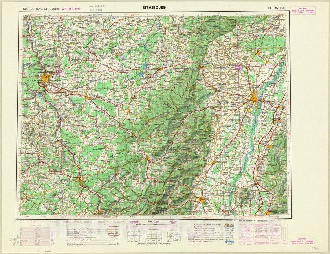 Map : Strasbourg, France 1962, Carte de France au 1, Antique Vintage Reproduction