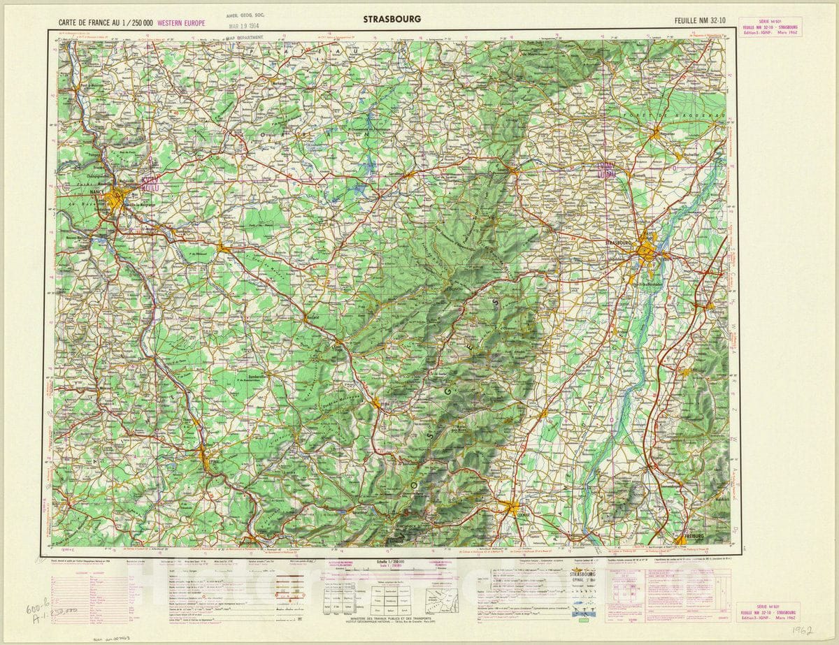 Map : Strasbourg, France 1962, Carte de France au 1, Antique Vintage Reproduction