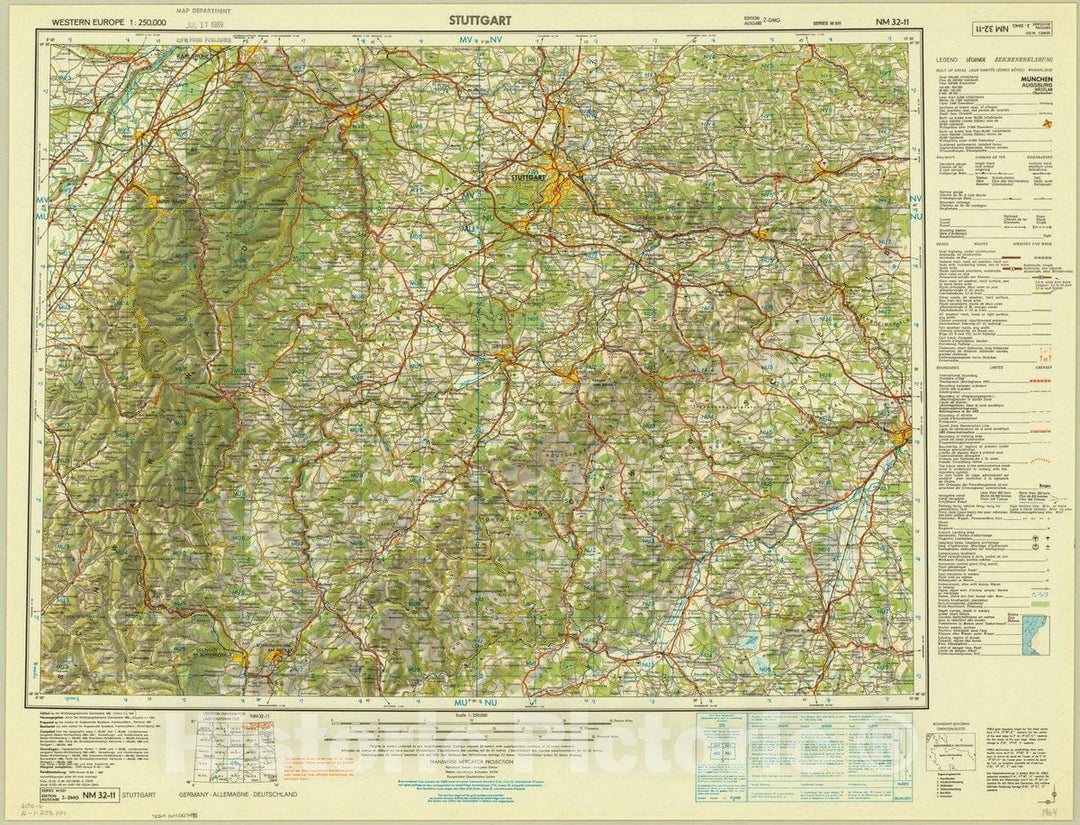 Map : Stuttgart, Germany 1964, Western Europe 1:250 000 Stuttgart NM 32-11 , Antique Vintage Reproduction