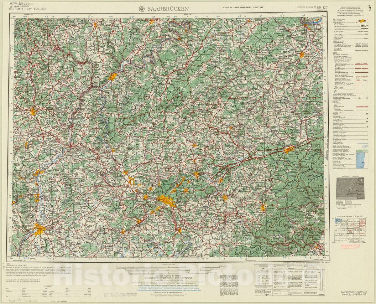 Map : Saarbrucken, Germany 1956, Central Europe 1:250,000 Saarbrucken NM 32-7. Saarbrucken, Germany; France; Luxembourg , Antique Vintage Reproduction