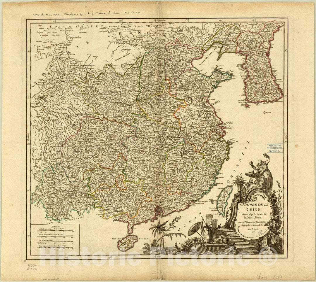 Map : China 1751, L'empire de la Chine, dresse d'apres les cartes de l'atlas chinois , Antique Vintage Reproduction