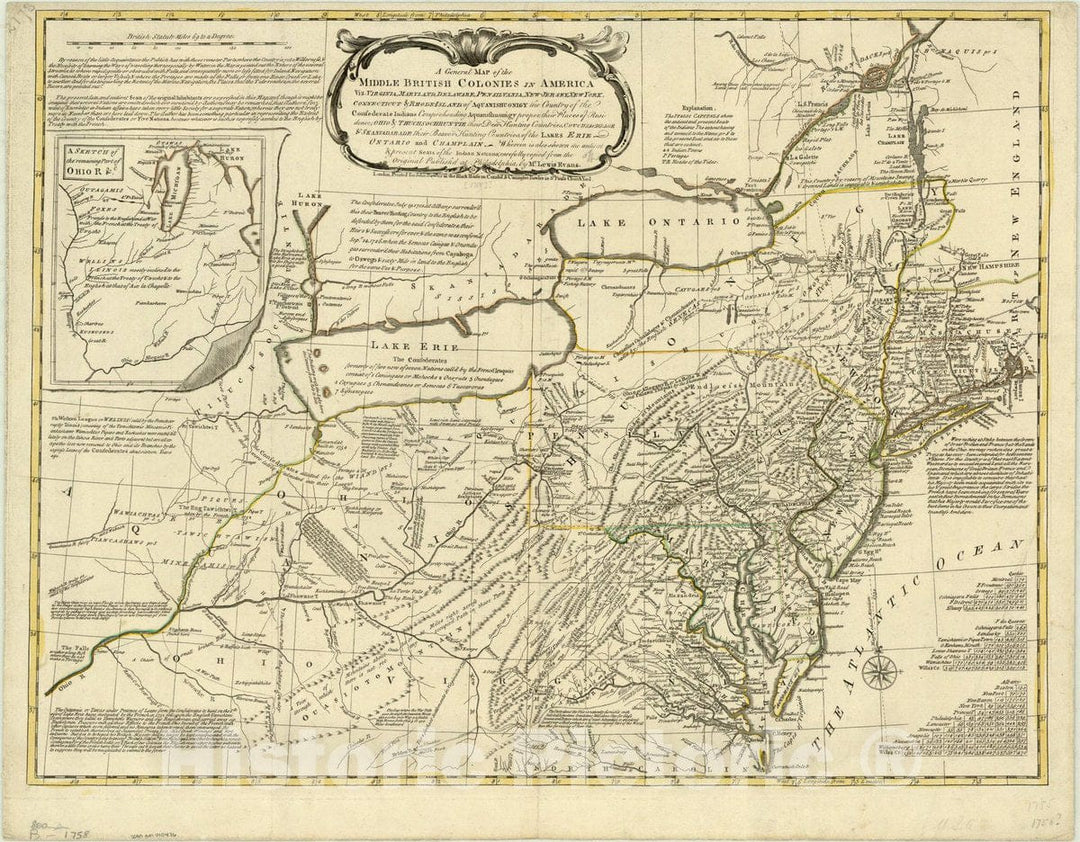 Map : Northeastern United States 1765, Antique Vintage Reproduction