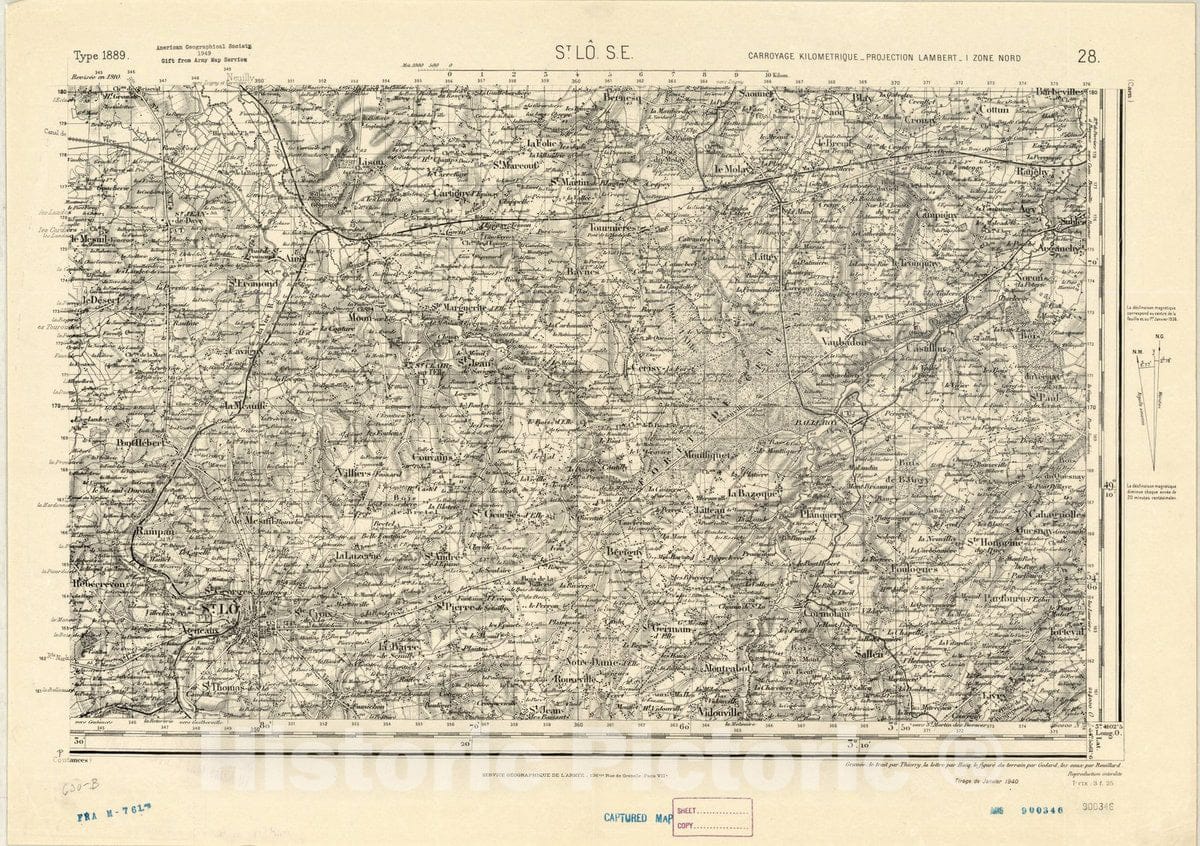 Map : St. Lo. S.E., France , [Topographic maps of France], Antique Vintage Reproduction