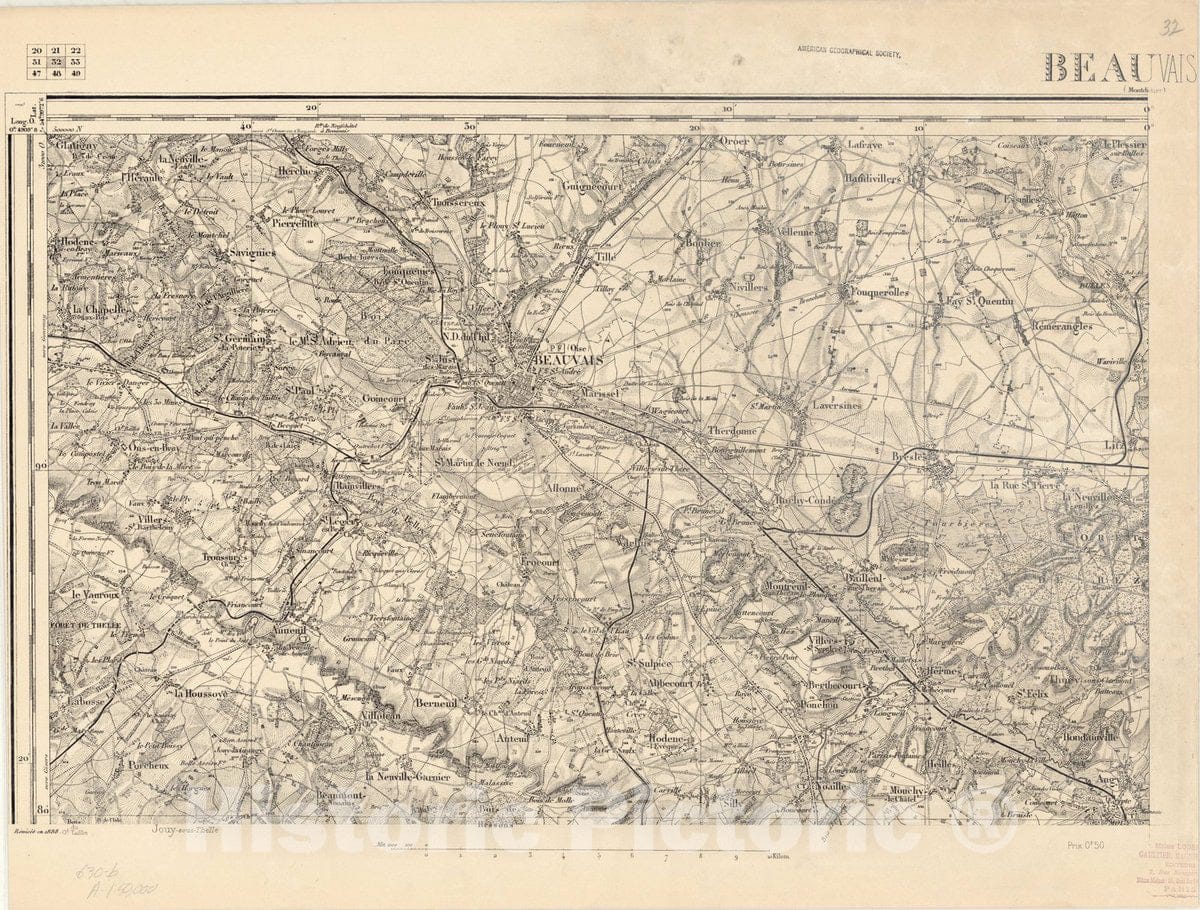 Map : Beauvais, France , [Topographic maps of France], Antique Vintage Reproduction