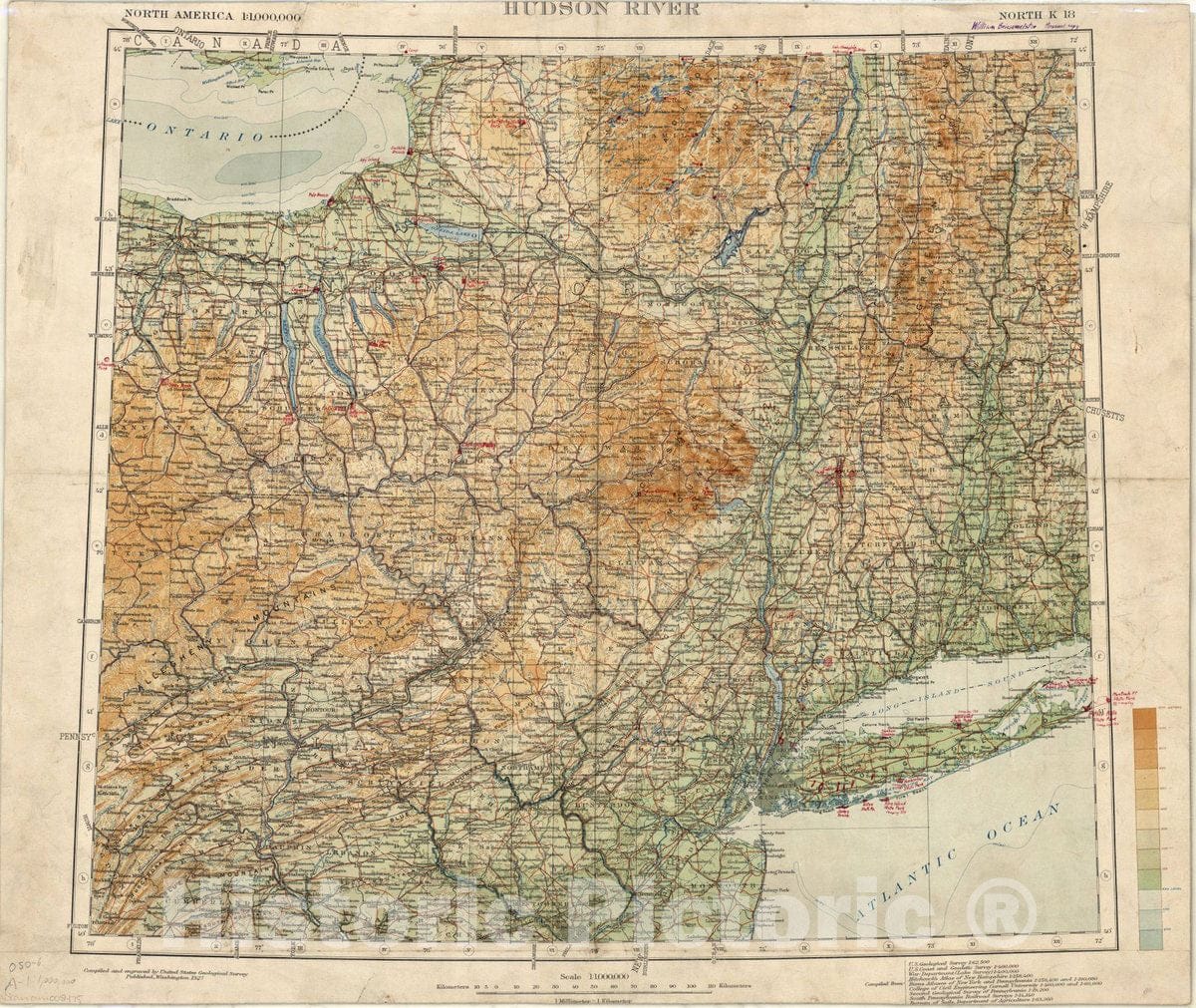 Map : Hudson River 1927, North America 1:1,000,000, Hudson River, north K 18, Antique Vintage Reproduction