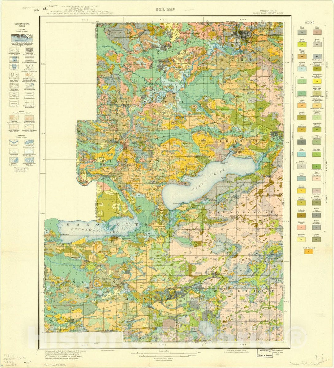 Map : Green Lake county, Wisconsin 1922, Soil map, Wisconsin, Green Lake County sheet , Antique Vintage Reproduction