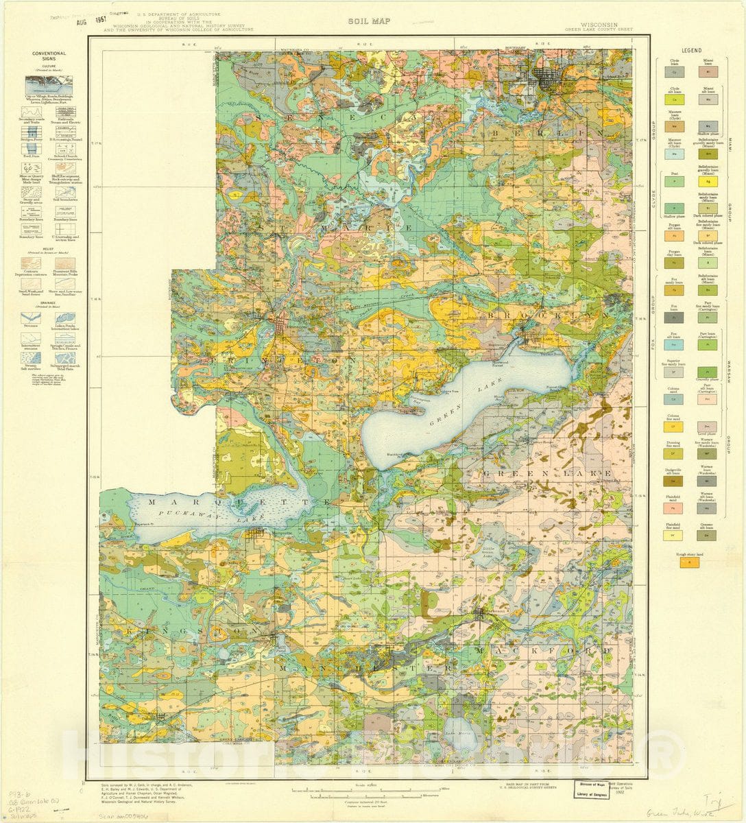 Map : Green Lake county, Wisconsin 1922, Soil map, Wisconsin, Green Lake County sheet , Antique Vintage Reproduction