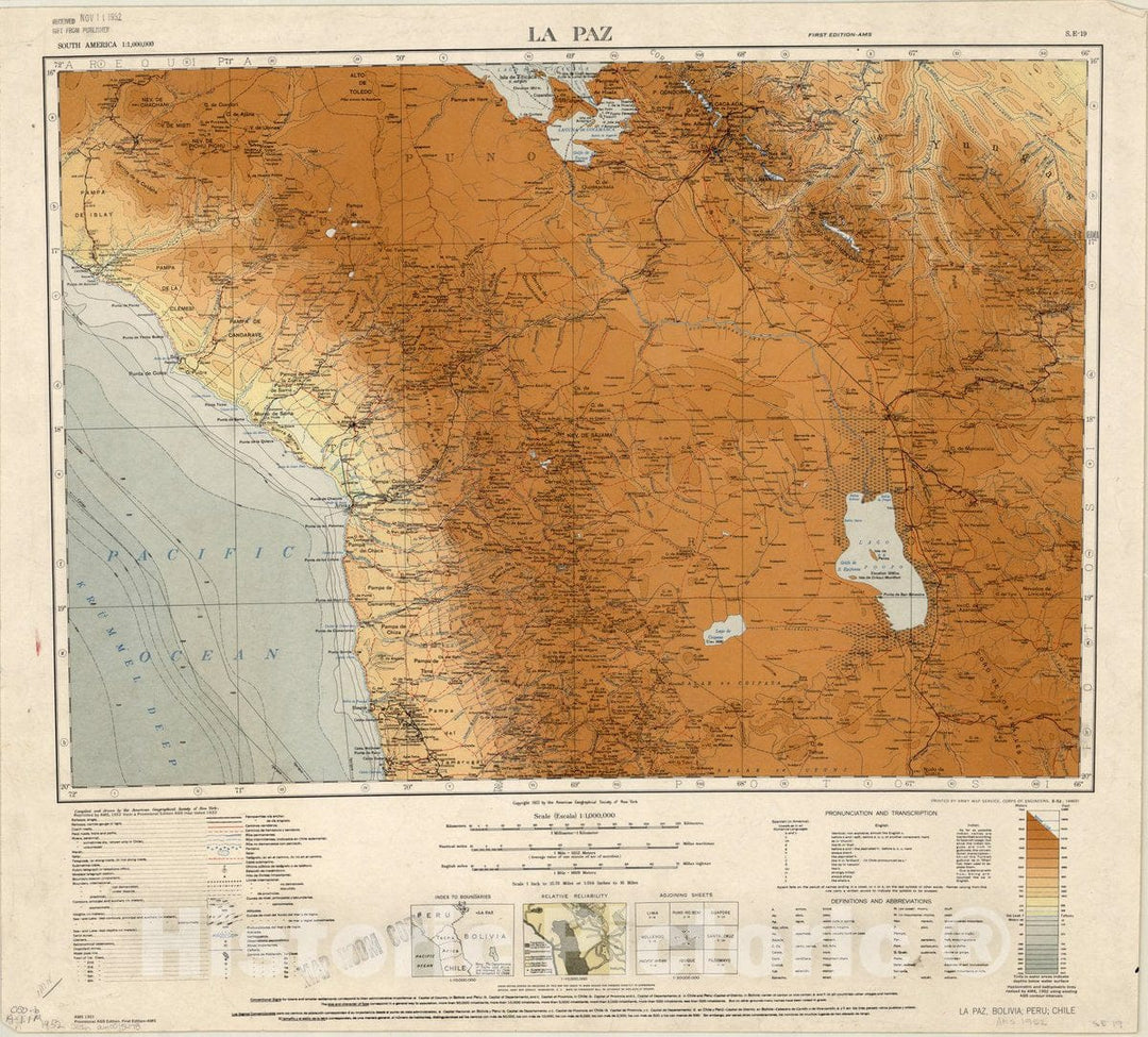 Map : La Paz, Bolivia 1952, South America 1:1,000,000, La Paz S.E-19, Antique Vintage Reproduction