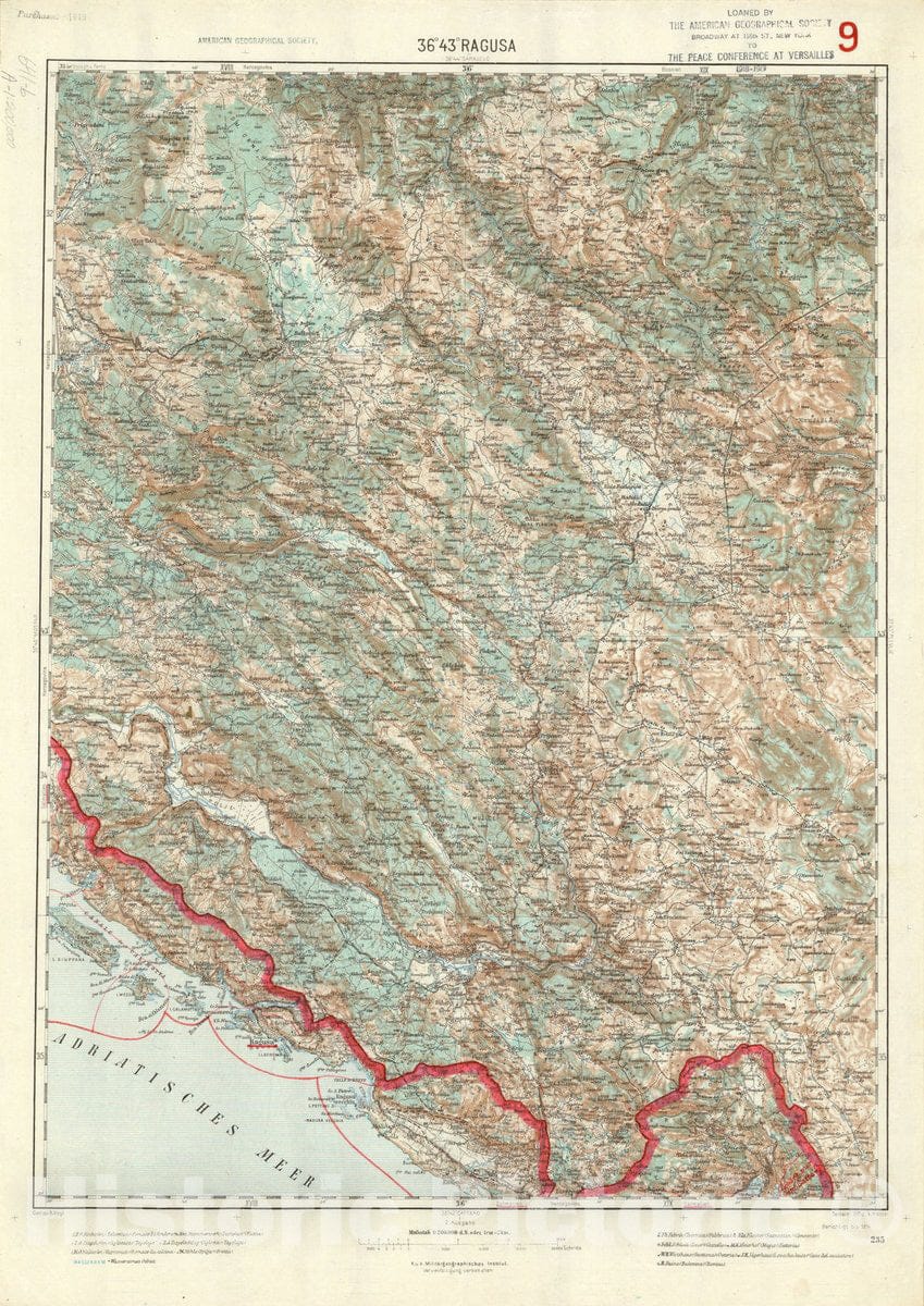 Map : Ragusa (Dubrovnik), Croatia 1914, Generalkarte von Mitteleuropa, Antique Vintage Reproduction