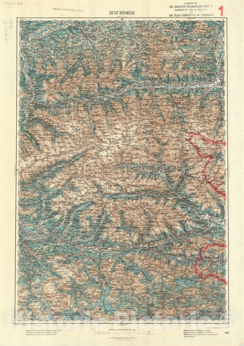 Map : Bruneck, Italy 1916, Generalkarte von Mitteleuropa, Antique Vintage Reproduction