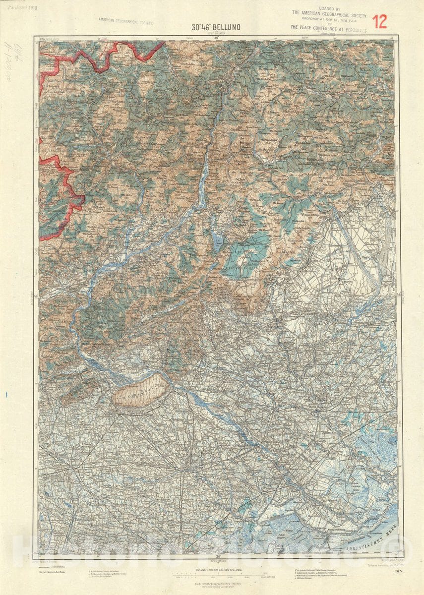 Map : Belluno, Italy 1917, Generalkarte von Mitteleuropa, Antique Vintage Reproduction