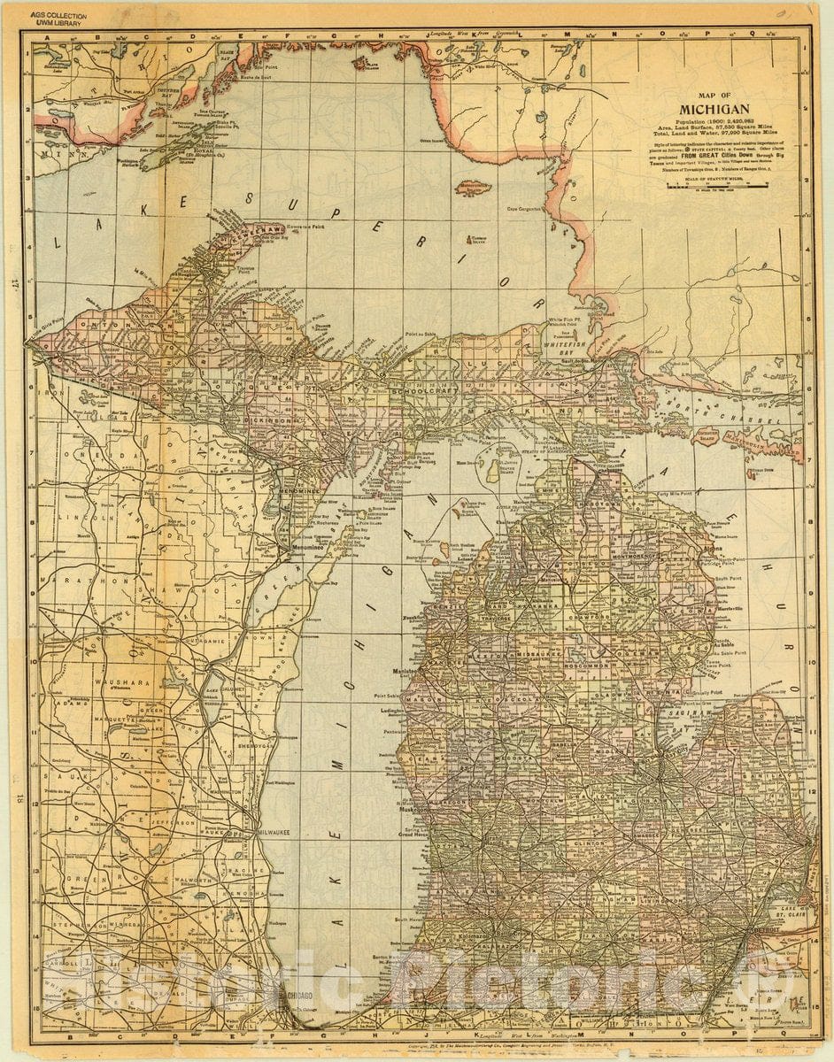 Map : Michigan 1900, Map of Michigan , Antique Vintage Reproduction