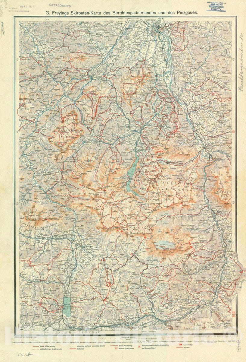 Map : Berchtesgadener Land, Germany 1913, G. Freytags Skirouten-Karte des Berchtesgadnerlandes und des Pinzgaues, Antique Vintage Reproduction