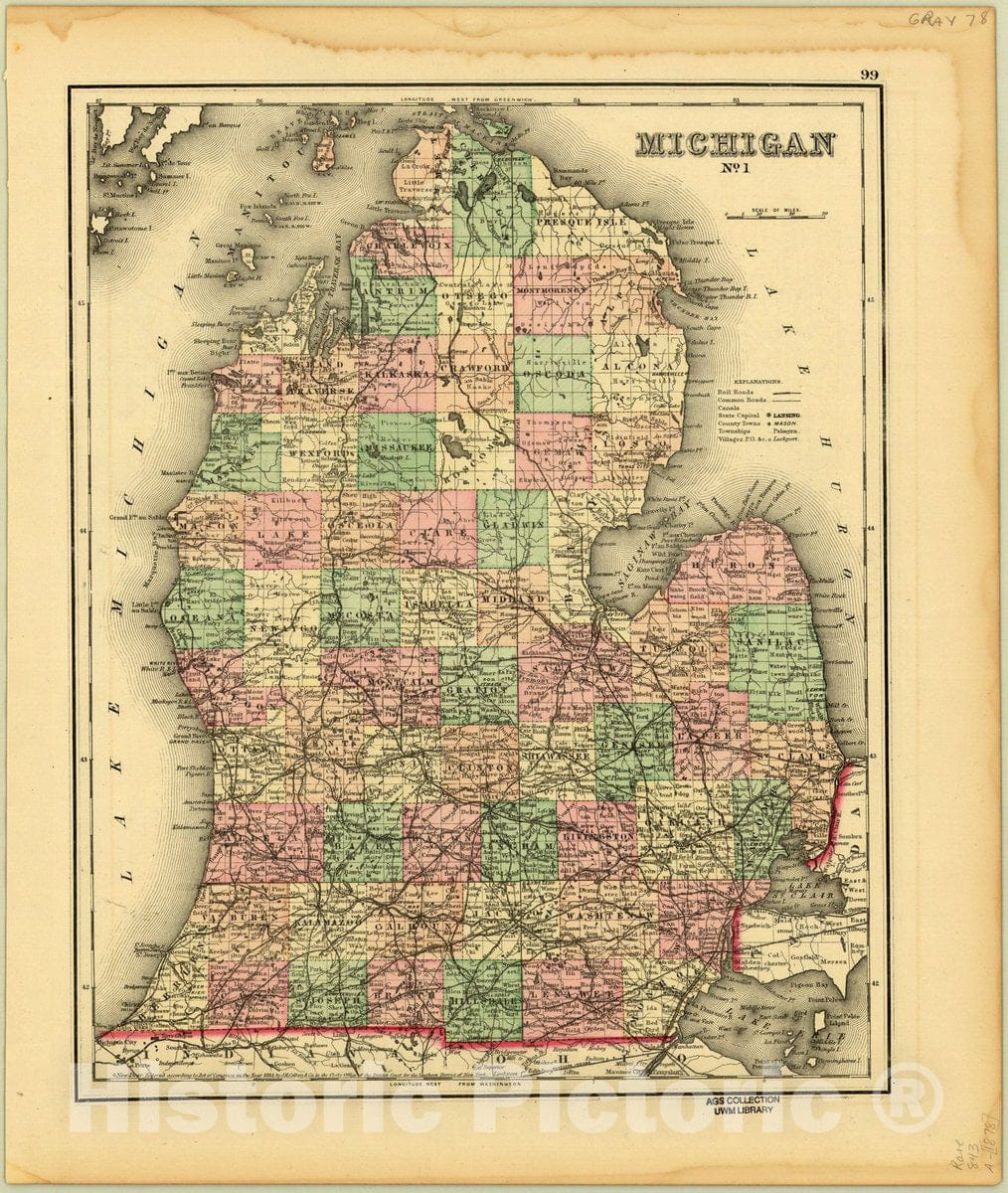 Map : Michigan 1878, Michigan no. 1, Antique Vintage Reproduction