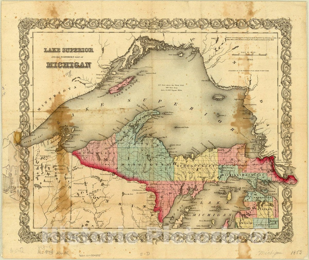 Map : Lake Superior 1853, Lake Superior and the Northern Part of Michigan, Antique Vintage Reproduction