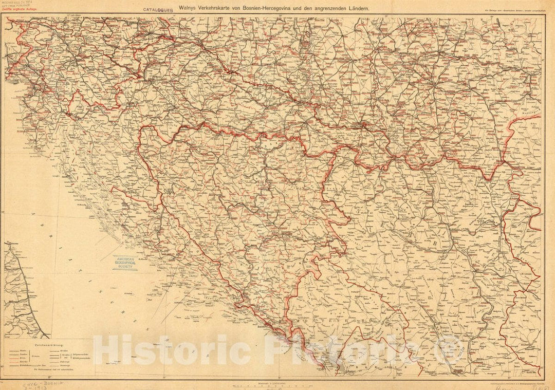 Map : Bosnia and Hercegovina 1913, Walnys Verkehrskarte von Bosnien-Hercegovina und den angrenzenden Landern , Antique Vintage Reproduction