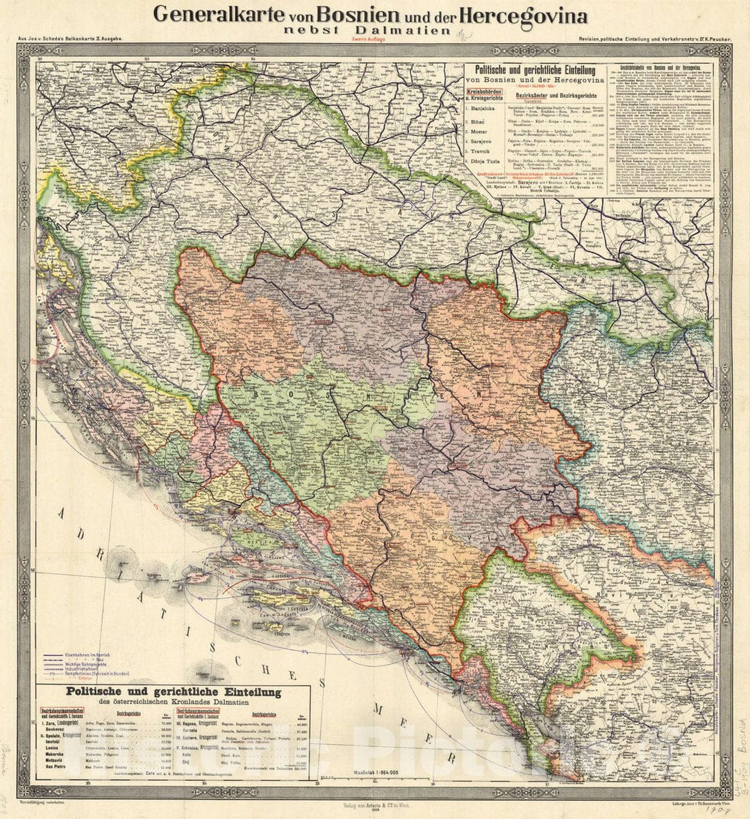 Map : Bosnia and Hercegovina 1909, Generalkarte von Bosnien und der Hercegovina nebst Dalmatien , Antique Vintage Reproduction