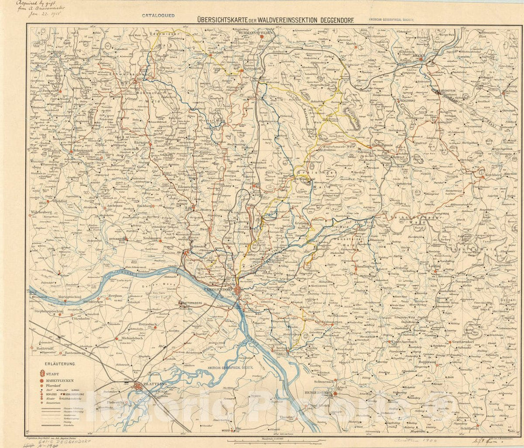 Map : Deggendorf region, Germany 1900, Ubersichtskarte der Waldvereinssektion Deggendorf , Antique Vintage Reproduction