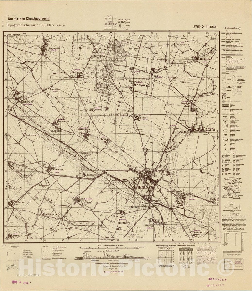 Map : Kreis Schroda, Germany 1940, Topographische Karte 1:25 000 3769 Schroda , Antique Vintage Reproduction