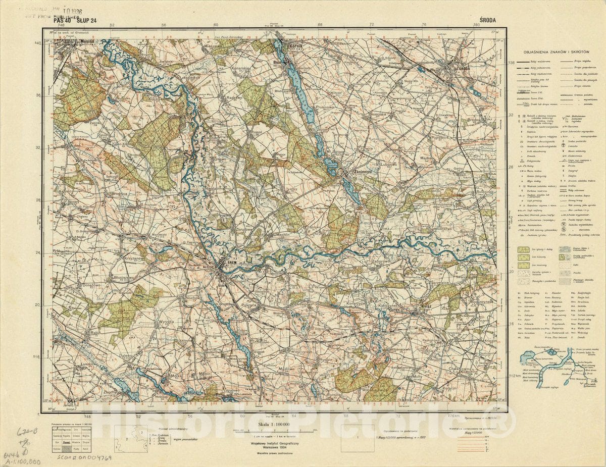 Map : ?roda Wielkopolski, Poland 1934, Pas 40 Slup 24 Sroda, Antique Vintage Reproduction