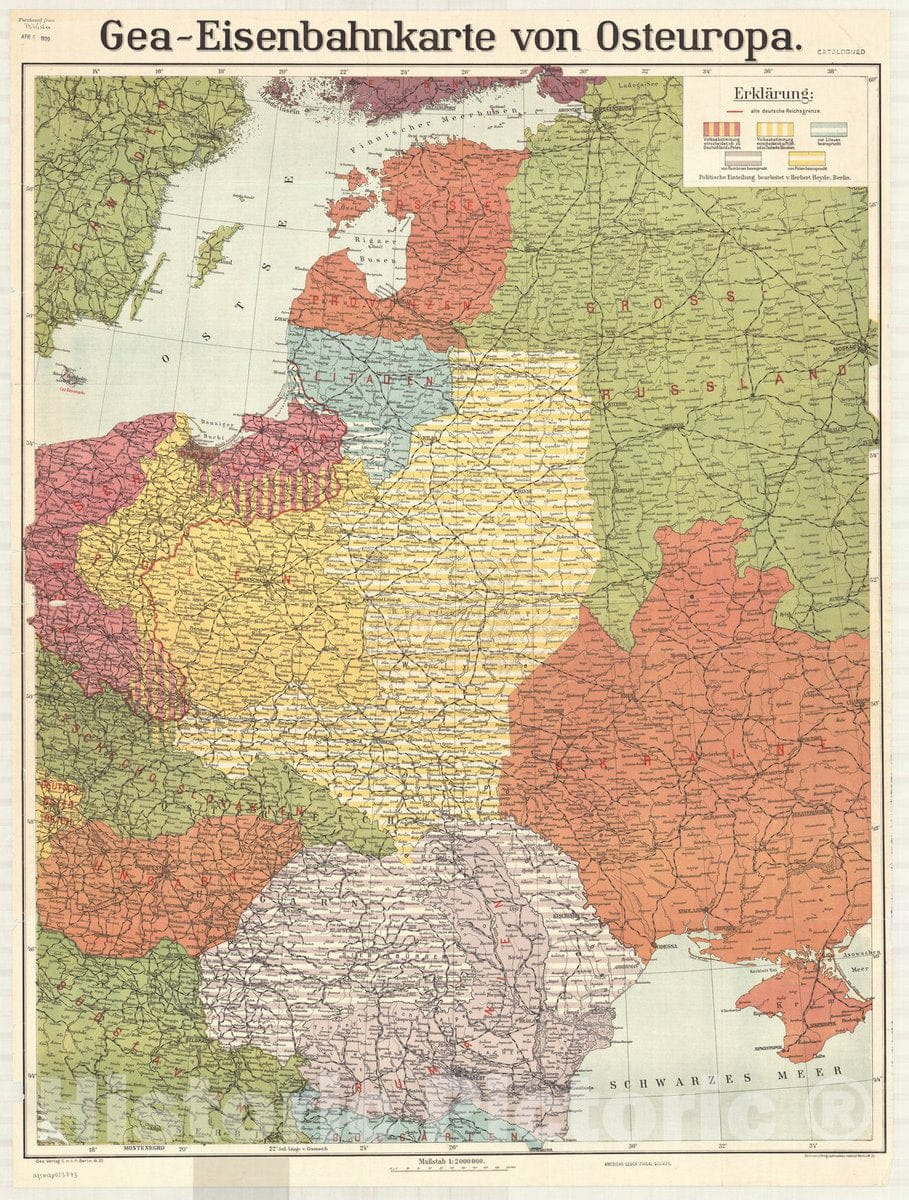 Map : Eastern Europe 1919, Gea-Eisenbahnkarte von Osteuropa , Antique Vintage Reproduction