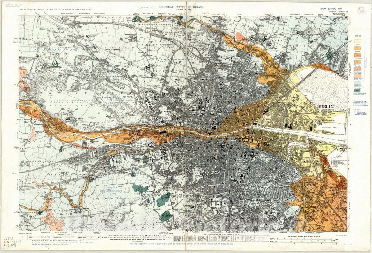 Map : Dublin, Ireland 1917, Geological survey of Ireland : Dublin, sheet 18 , Antique Vintage Reproduction