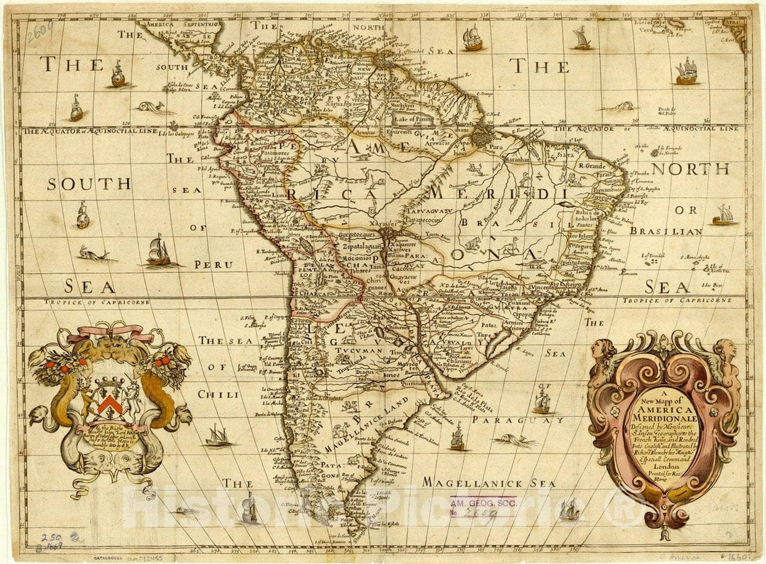 Map : South America 1669, A new mapp of America Meridionale , Antique Vintage Reproduction