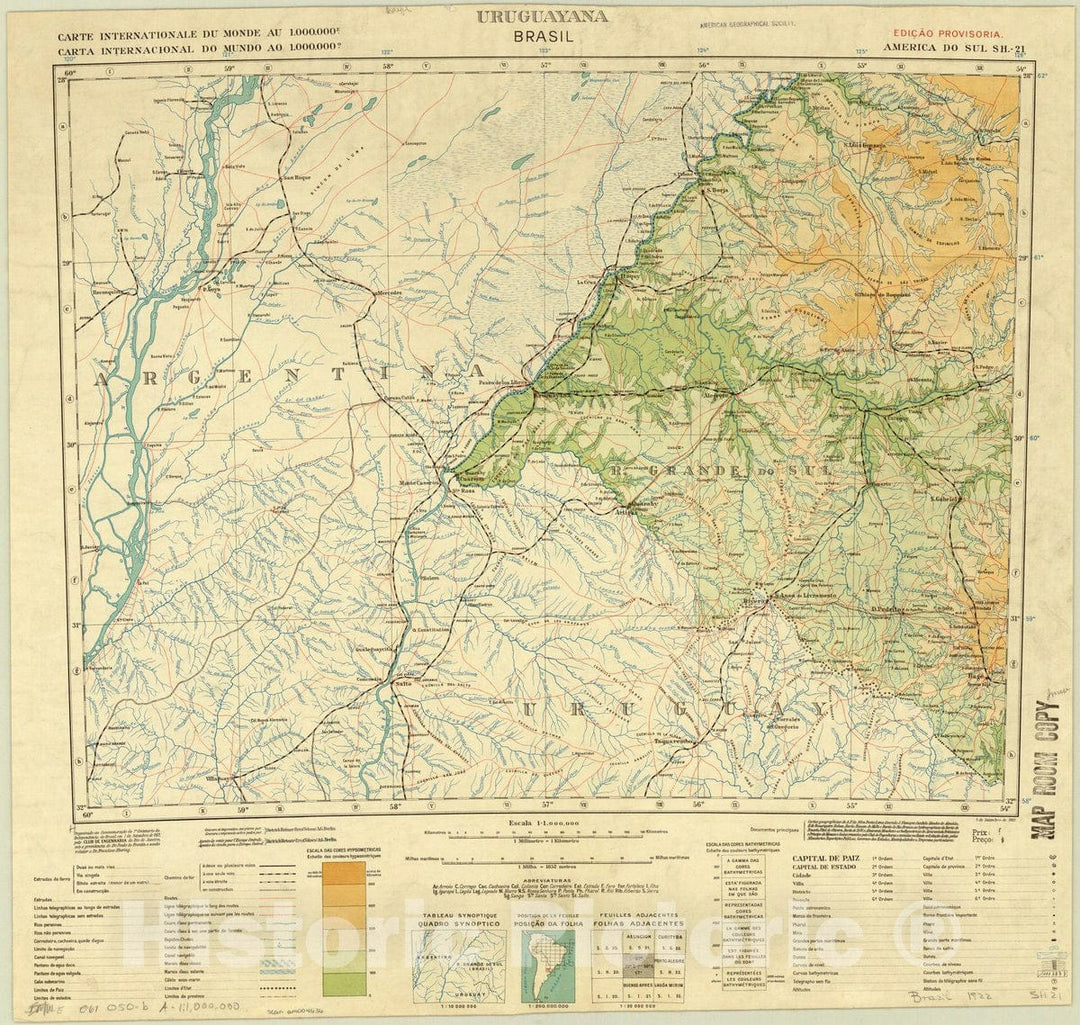 Map : Uruguayana, Brasil 1922, South America 1:1,000,000 Uruguayana , Antique Vintage Reproduction