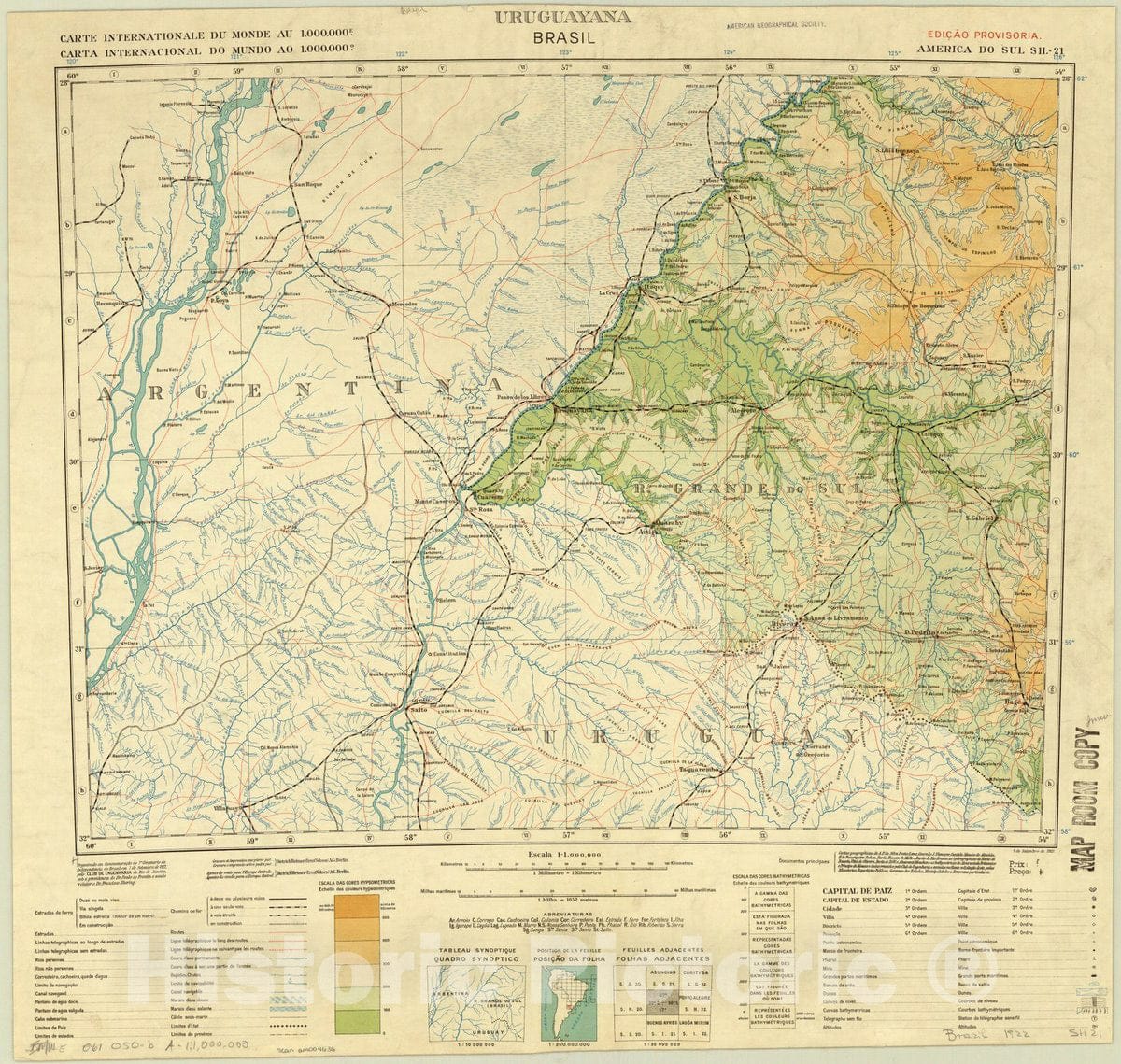 Map : Uruguayana, Brasil 1922, South America 1:1,000,000 Uruguayana , Antique Vintage Reproduction