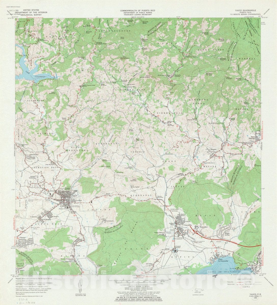 Map : Puerto Rico 1966, Yauco quadrangle, Puerto Rico, Antique Vintage Reproduction