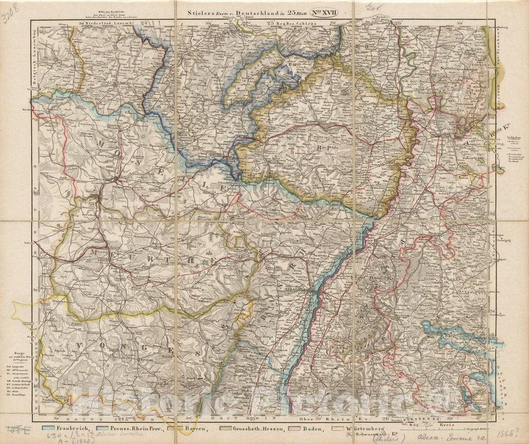 Map : Alsace-Lorraine, France 1868, Stielers Karte v. Deutschland in 25 Blatt Nro. XVII, Antique Vintage Reproduction