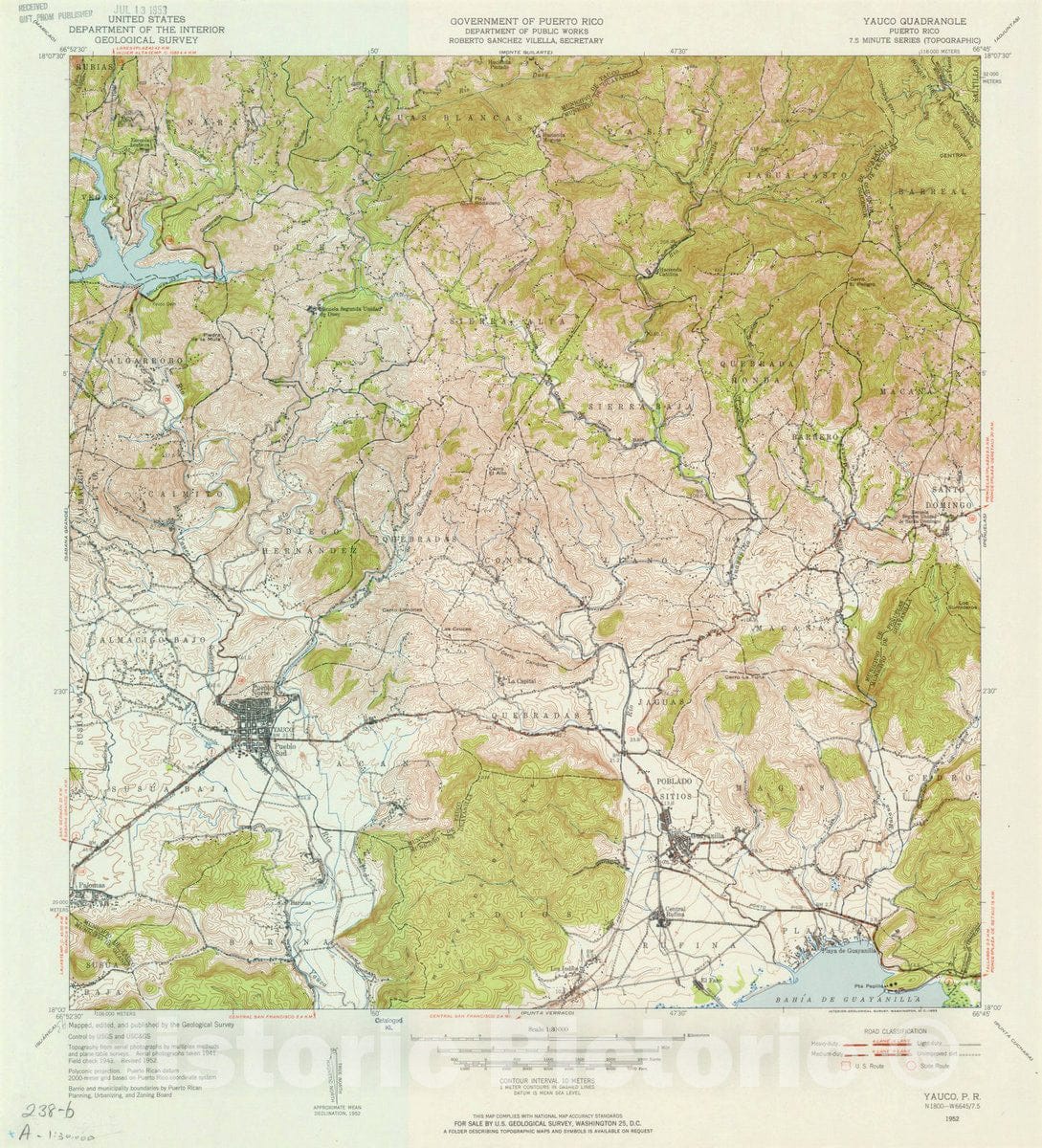 Map : Puerto Rico 1952, Yauco quadrangle, Puerto Rico, Antique Vintage Reproduction