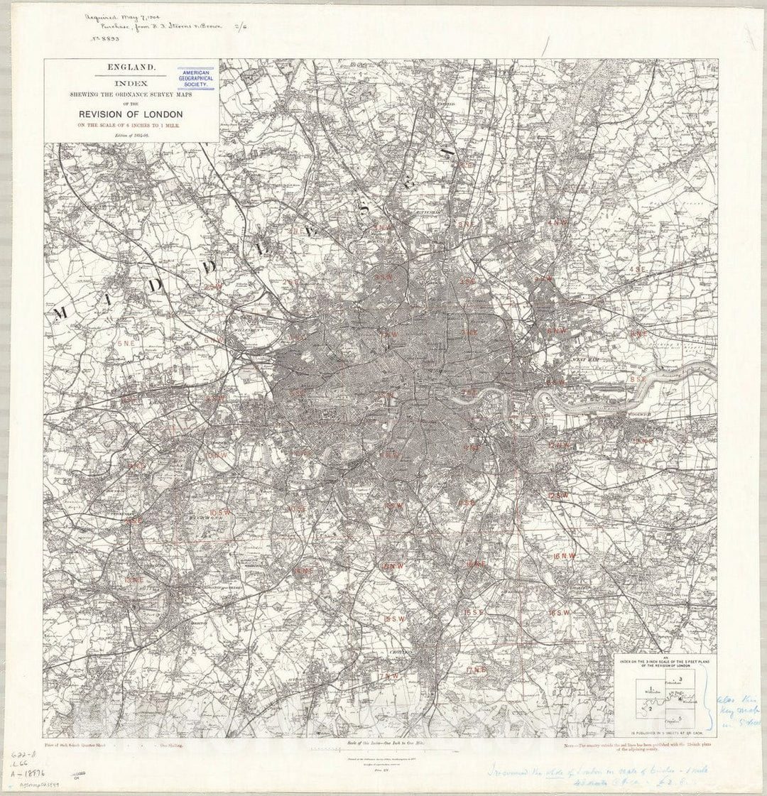 Map : London, England 1897, England, index shewing the Ordnance Survey maps of the revision of London on the scale of 6 inches to 1 mile , Antique Vintage Reproduction