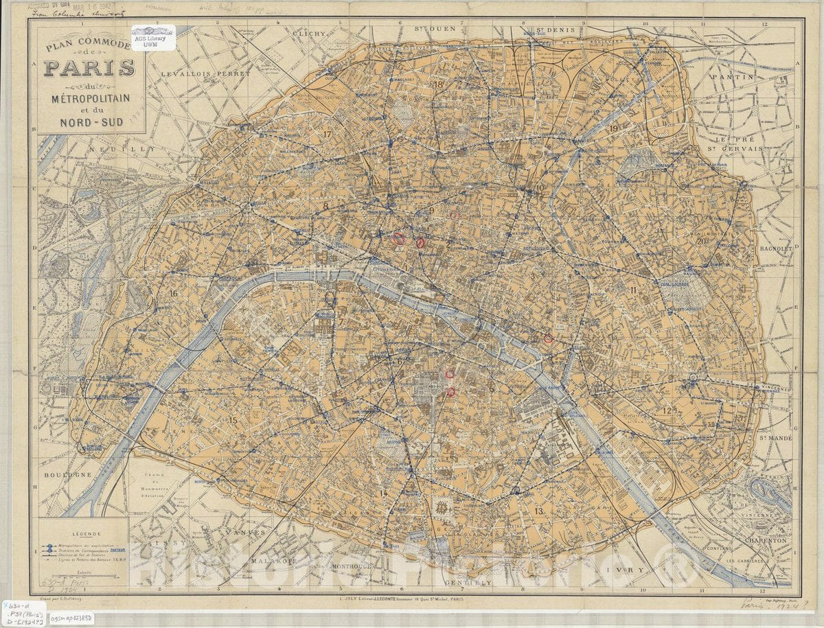 Map : Paris, France 1924, Plan commode de Paris du Metropolitain et du Nord-Sud , Antique Vintage Reproduction