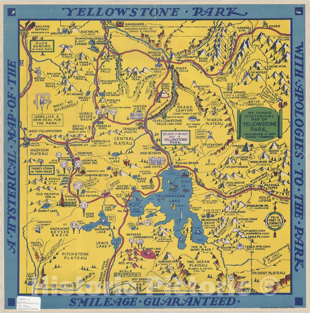 Map : Wyoming 1936, The famous hysterical map of Yellowstone National Park : |b including a few minor ? changes , Antique Vintage Reproduction