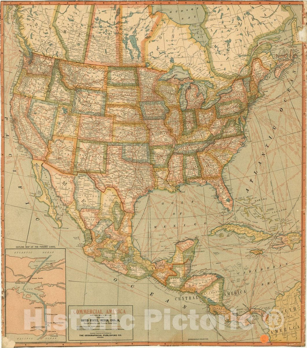 Map : North America 1917, Commercial America : showing United States, Canada, Central America and Panama Canal Zone , Antique Vintage Reproduction