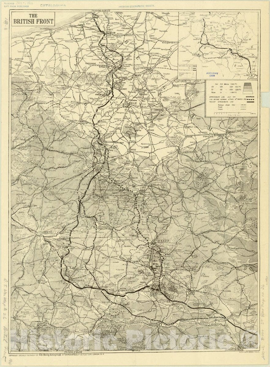 Map : Belgium, France and Germany 1918, [The Daily Telegraph war map no. 26 of] the British front , Antique Vintage Reproduction