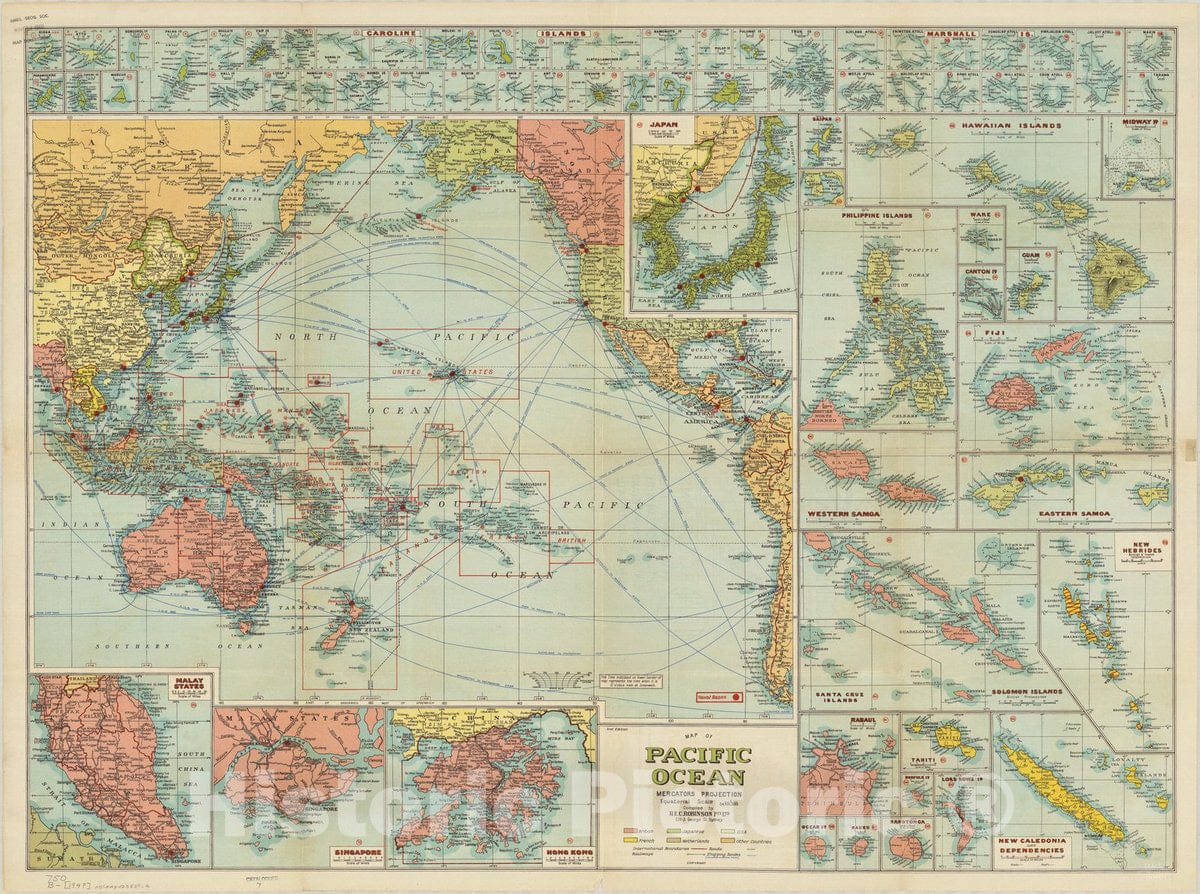 Map : Pacific Ocean 194-?, Map of Pacific Ocean , Antique Vintage Reproduction