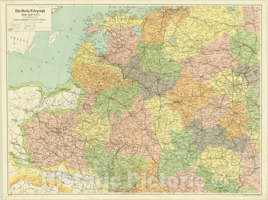 Map : Baltic States region 1915?, The Daily Telegraph war map no. 17 [of Poznan, St. Petersburg, Moscow and Kiev] , Antique Vintage Reproduction