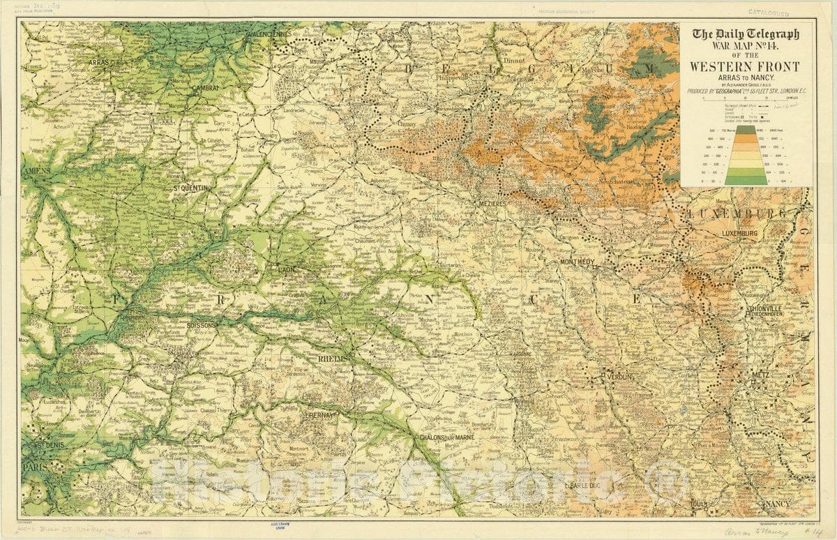 Map : Western Front 1916, The Daily Telegraph war map no. 14 : of the western front, Arras to Nancy , Antique Vintage Reproduction