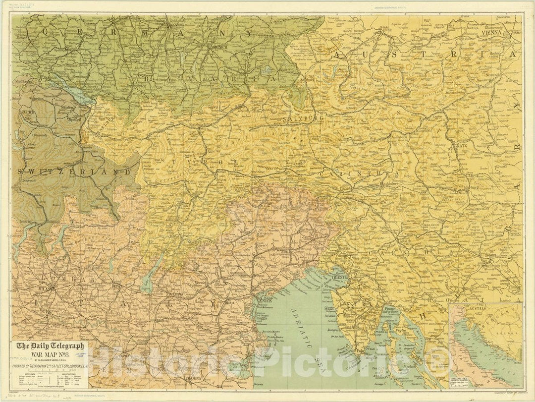 Map : Austria, Italy and Adriatic Sea region 1915, The Daily telegraph war map no. 8 [showing on a large scale the Italian and Austro-German fighting areas]