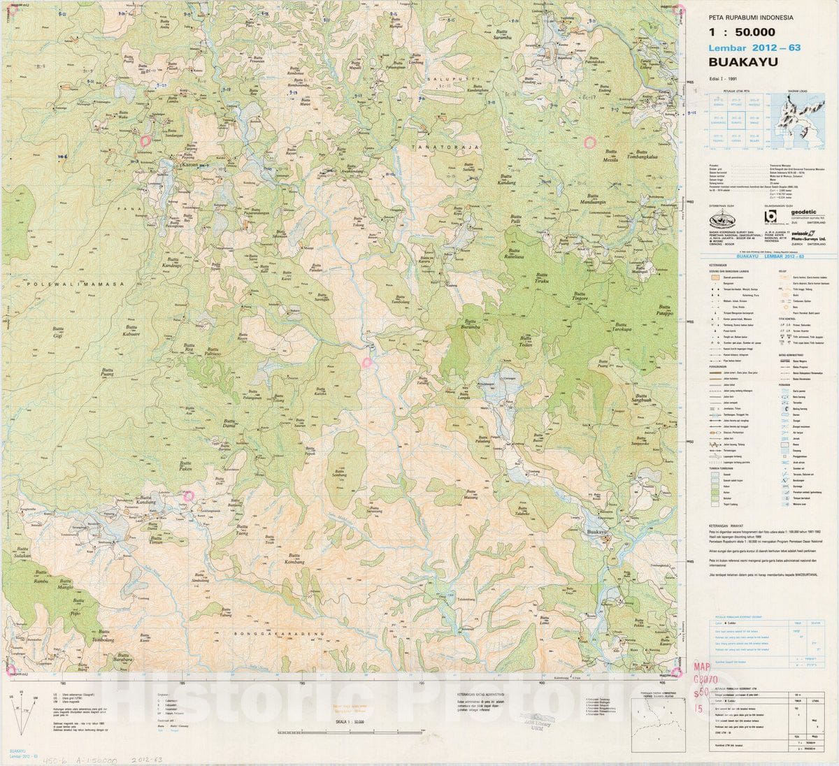 Map : Buakayu, Indonesia 1991, Peta rupabumi Indonesia, 1:50,000 , Antique Vintage Reproduction