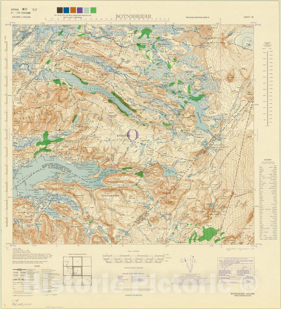 Map : Botnsheidhi, Iceland 1944, Iceland 1:100,000 Botnsheidhi sheet 36, Antique Vintage Reproduction